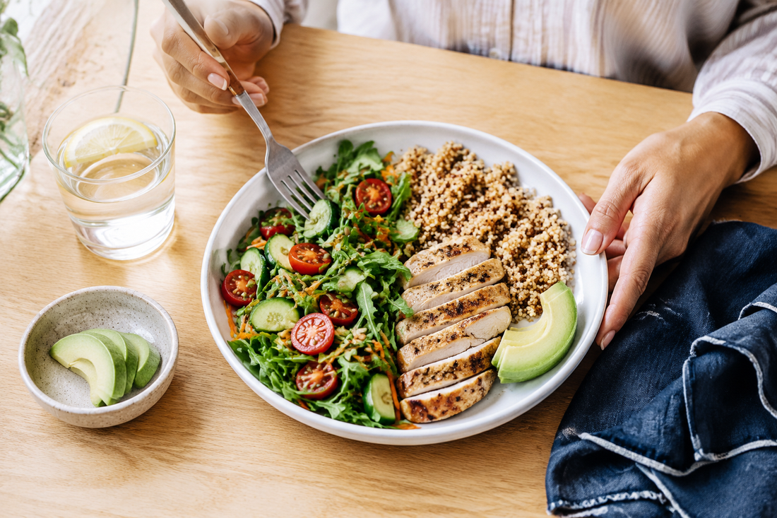 Balanced plate with vegetables, whole grains, chicken and avocado