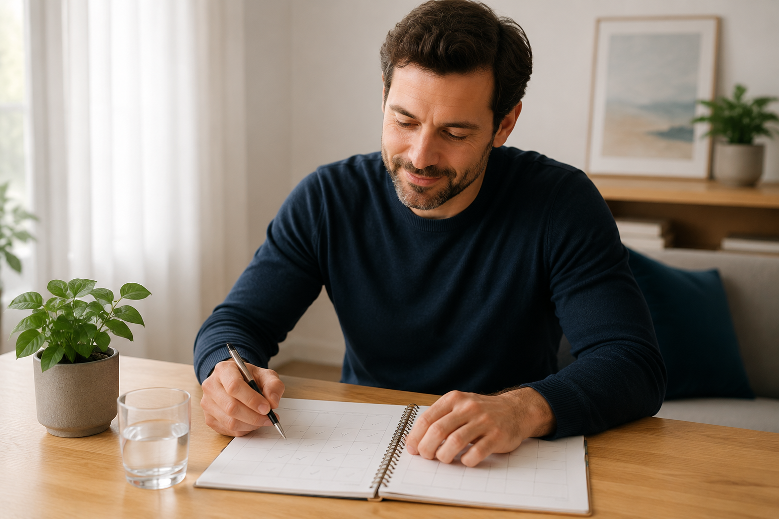Man calmly reviewing a simple weekly habit planner