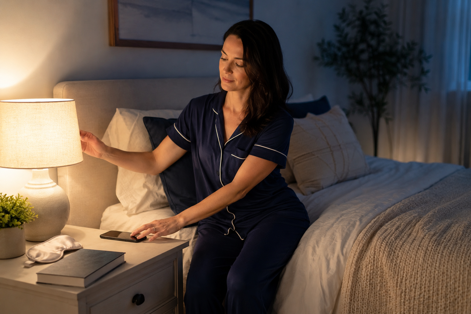 Woman beginning a calm bedtime routine in a comfortable bedroom