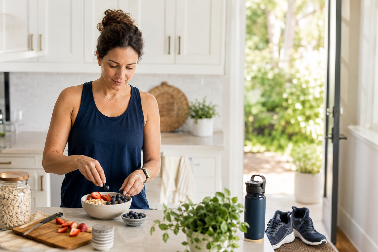 Woman preparing a simple healthy breakfast with walking shoes and water nearby