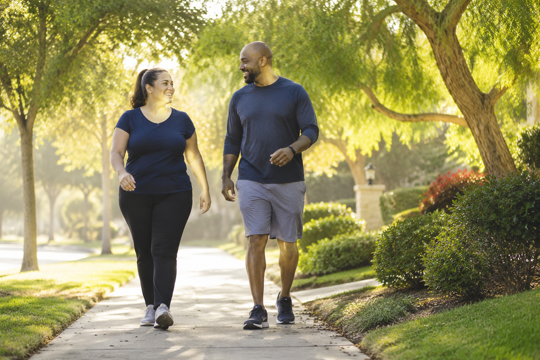 Two adults taking a relaxed walk on a leafy neighborhood path