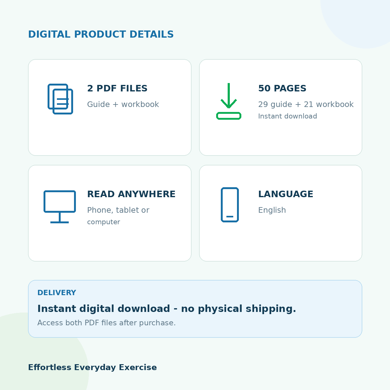 Effortless Everyday Exercise digital product details - 2 PDFs, 50 pages