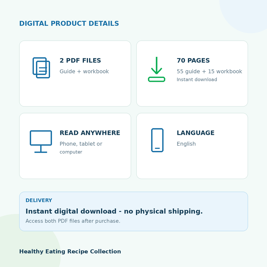 Healthy Eating Recipe Collection digital product details - 2 PDFs, 70 pages