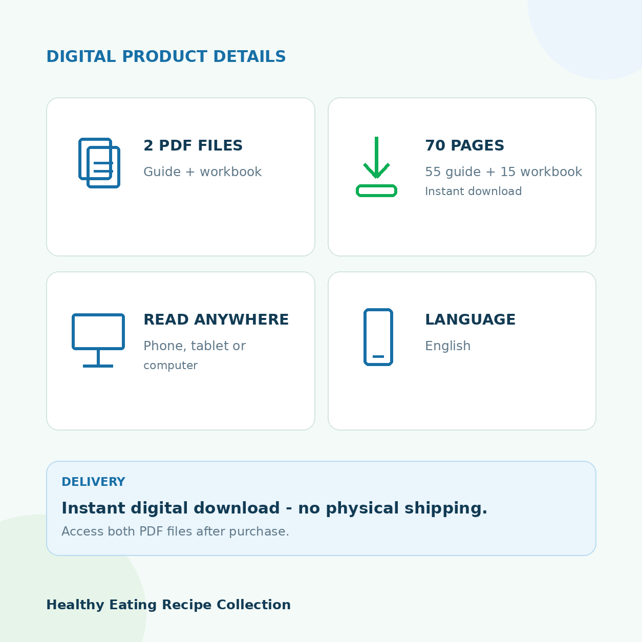 Healthy Eating Recipe Collection digital product details - 2 PDFs, 70 pages