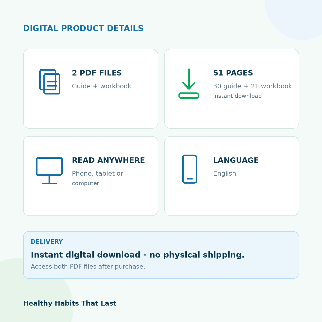 Healthy Habits That Last digital product details - 2 PDFs, 51 pages