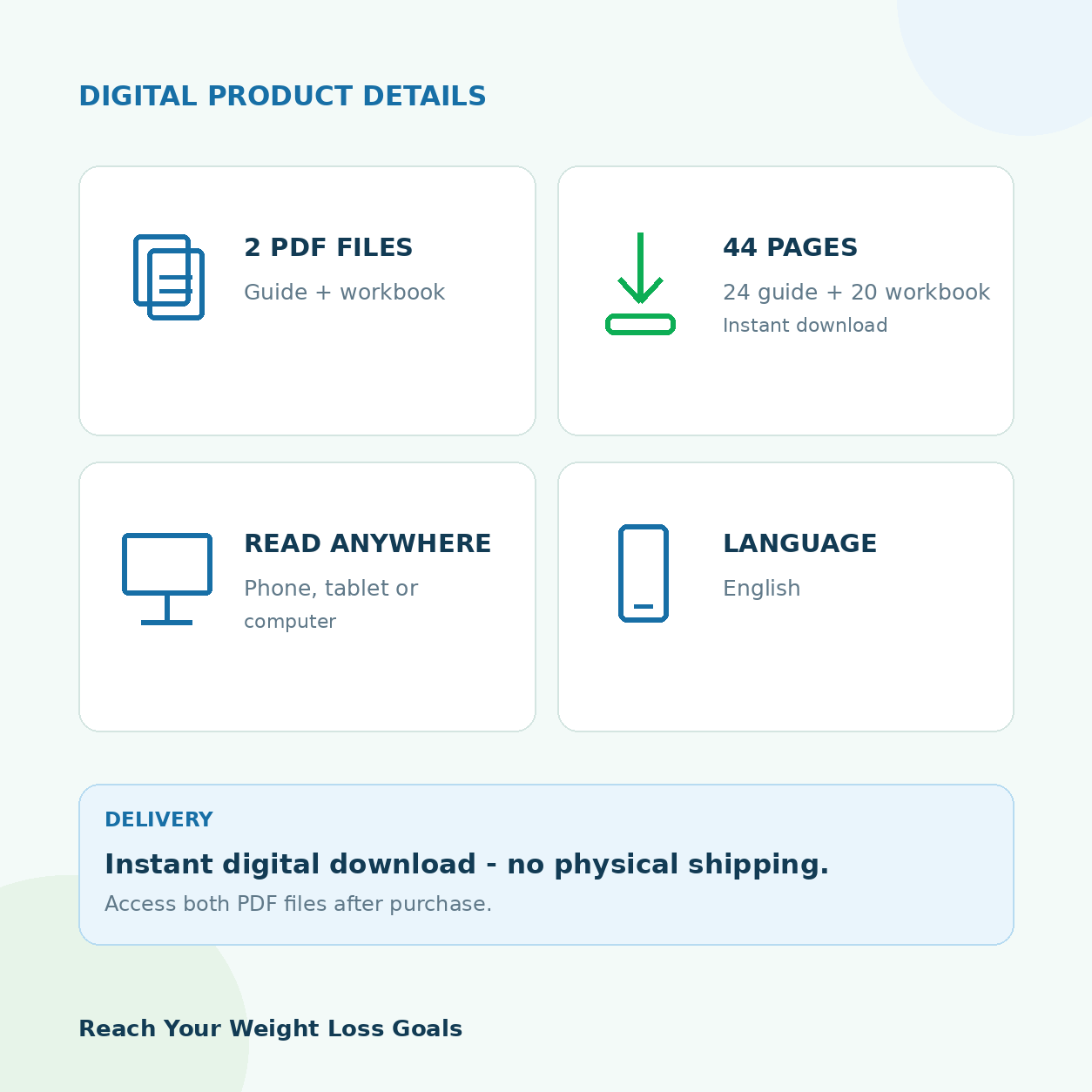 Reach Your Weight Loss Goals digital product details - 2 PDFs, 44 pages